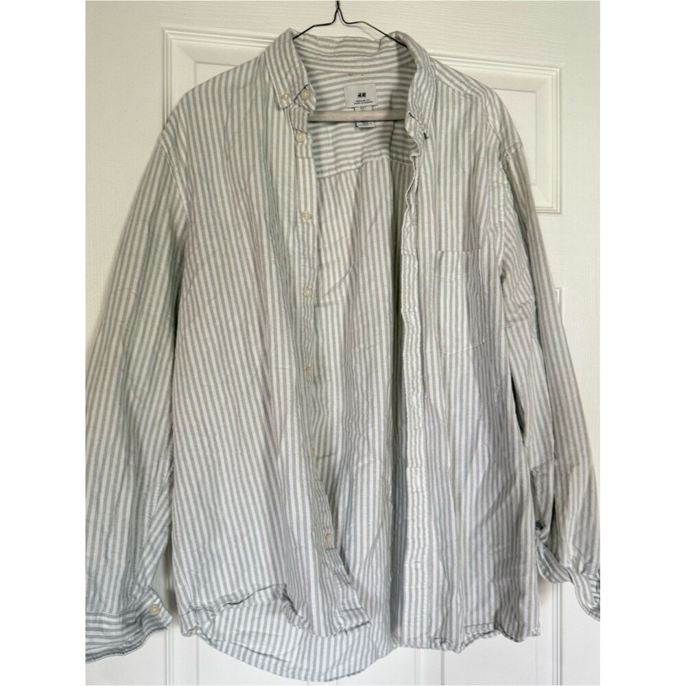 H&M Men’s White and Light Gray Striped Lightweight Shirt Jacket